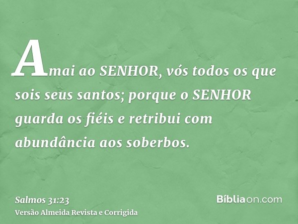 Amai ao SENHOR, vós todos os que sois seus santos; porque o SENHOR guarda os fiéis e retribui com abundância aos soberbos.