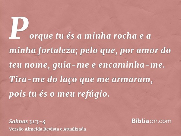 Porque tu és a minha rocha e a minha fortaleza; pelo que, por amor do teu nome, guia-me e encaminha-me.Tira-me do laço que me armaram, pois tu és o meu refúgio.