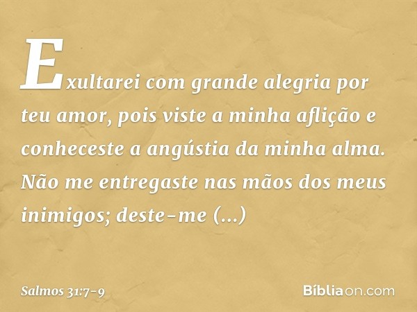 Exultarei com grande alegria por teu amor,
pois viste a minha aflição
e conheceste a angústia da minha alma. Não me entregaste
nas mãos dos meus inimigos;
deste