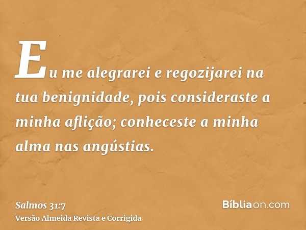 Eu me alegrarei e regozijarei na tua benignidade, pois consideraste a minha aflição; conheceste a minha alma nas angústias.