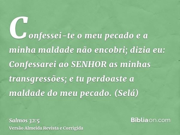 Confessei-te o meu pecado e a minha maldade não encobri; dizia eu: Confessarei ao SENHOR as minhas transgressões; e tu perdoaste a maldade do meu pecado. (Selá)