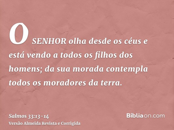 O SENHOR olha desde os céus e está vendo a todos os filhos dos homens;da sua morada contempla todos os moradores da terra.