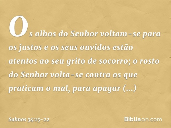 Os olhos do Senhor voltam-se para os justos
e os seus ouvidos
estão atentos ao seu grito de socorro; o rosto do Senhor
volta-se contra os que praticam o mal,
pa