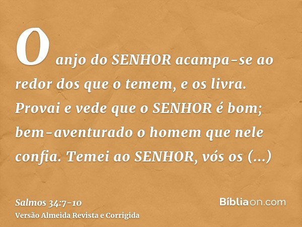 O anjo do SENHOR acampa-se ao redor dos que o temem, e os livra.Provai e vede que o SENHOR é bom; bem-aventurado o homem que nele confia.Temei ao SENHOR, vós os