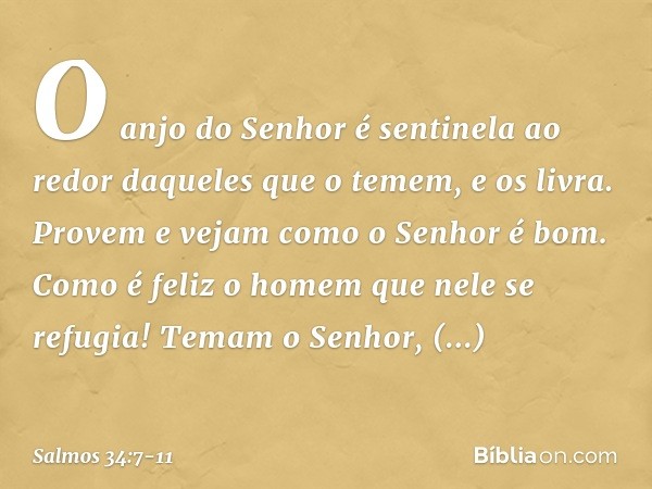 O anjo do Senhor é sentinela ao redor
daqueles que o temem,
e os livra. Provem e vejam como o Senhor é bom.
Como é feliz o homem que nele se refugia! Temam o Se