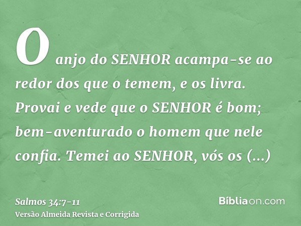 O anjo do SENHOR acampa-se ao redor dos que o temem, e os livra.Provai e vede que o SENHOR é bom; bem-aventurado o homem que nele confia.Temei ao SENHOR, vós os