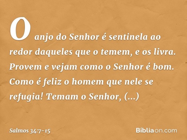 O anjo do Senhor é sentinela ao redor
daqueles que o temem,
e os livra. Provem e vejam como o Senhor é bom.
Como é feliz o homem que nele se refugia! Temam o Se