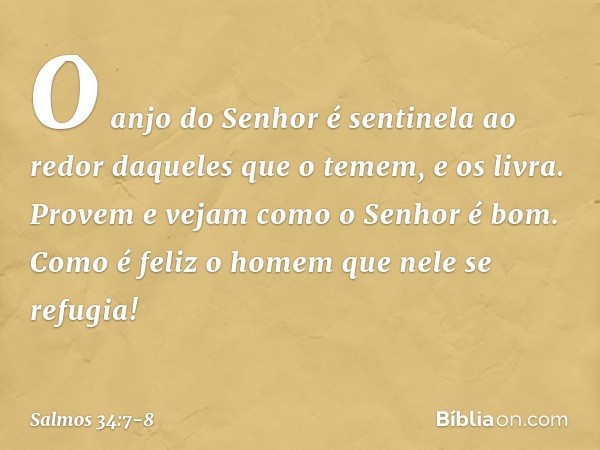 O anjo do Senhor é sentinela ao redor
daqueles que o temem,
e os livra. Provem e vejam como o Senhor é bom.
Como é feliz o homem que nele se refugia! -- Salmo 3