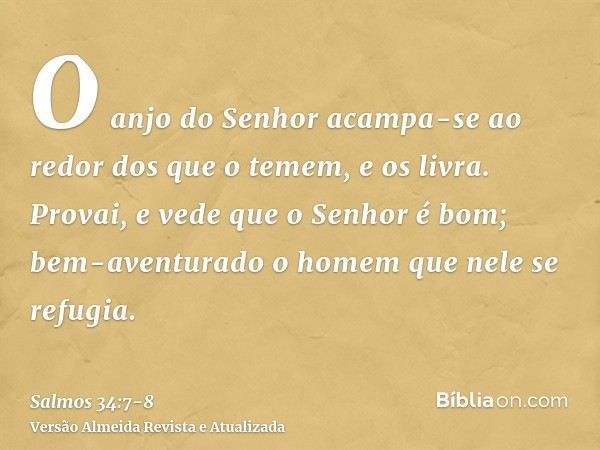 O anjo do Senhor acampa-se ao redor dos que o temem, e os livra.Provai, e vede que o Senhor é bom; bem-aventurado o homem que nele se refugia.