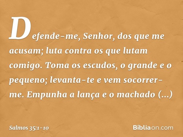 Defende-me, Senhor, dos que me acusam;
luta contra os que lutam comigo. Toma os escudos, o grande e o pequeno;
levanta-te e vem socorrer-me. Empunha a lança e o