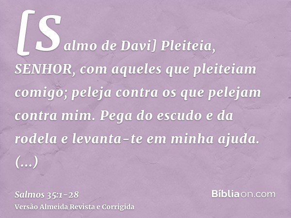 [Salmo de Davi] Pleiteia, SENHOR, com aqueles que pleiteiam comigo; peleja contra os que pelejam contra mim.Pega do escudo e da rodela e levanta-te em minha aju