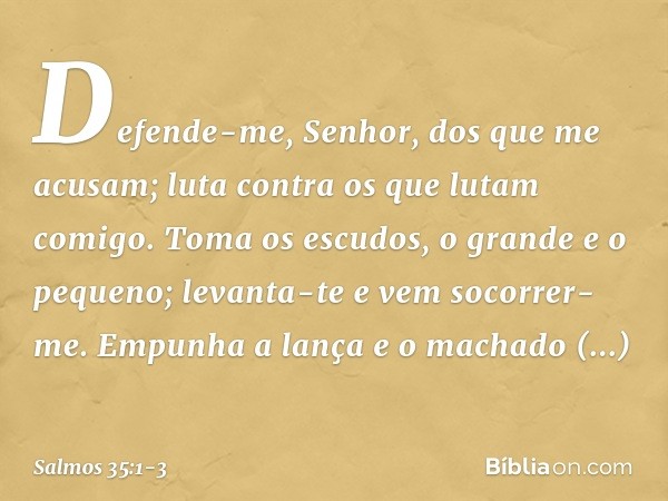 Defende-me, Senhor, dos que me acusam;
luta contra os que lutam comigo. Toma os escudos, o grande e o pequeno;
levanta-te e vem socorrer-me. Empunha a lança e o