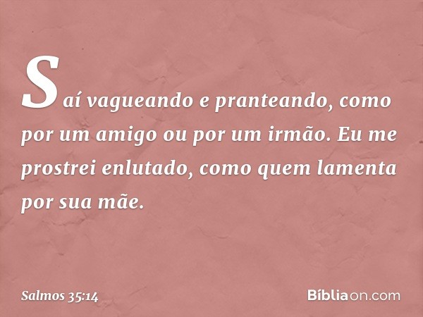 Saí vagueando e pranteando,
como por um amigo ou por um irmão.
Eu me prostrei enlutado,
como quem lamenta por sua mãe. -- Salmo 35:14