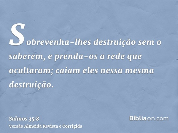 Sobrevenha-lhes destruição sem o saberem, e prenda-os a rede que ocultaram; caiam eles nessa mesma destruição.