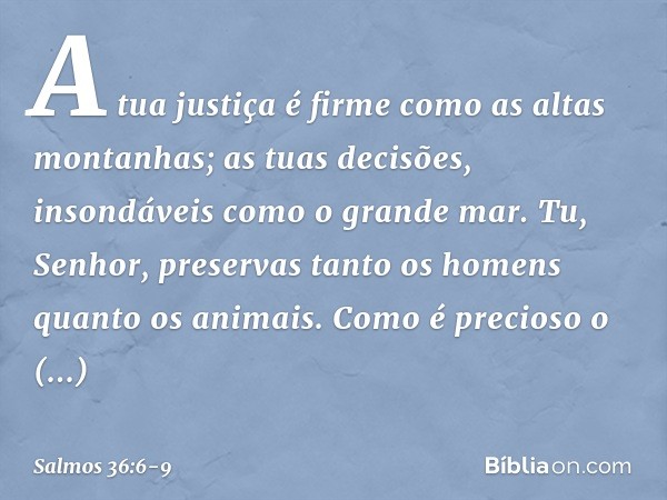 A tua justiça é firme como as altas montanhas;
as tuas decisões, insondáveis como o grande mar.
Tu, Senhor, preservas
tanto os homens quanto os animais. Como é 