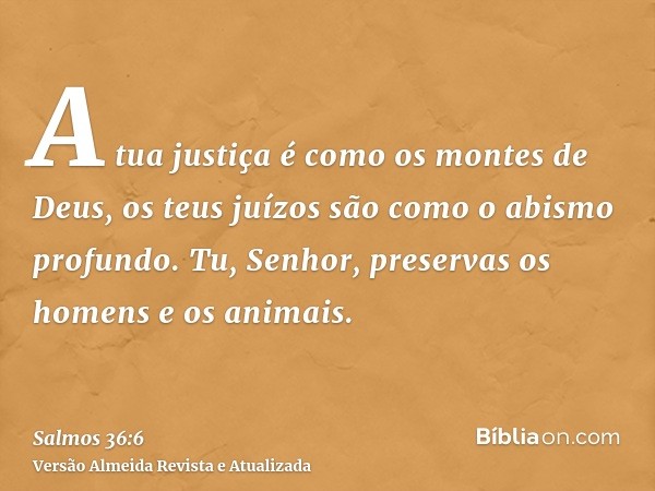 A tua justiça é como os montes de Deus, os teus juízos são como o abismo profundo. Tu, Senhor, preservas os homens e os animais.