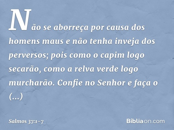 Não se aborreça por causa dos homens maus
e não tenha inveja dos perversos; pois como o capim logo secarão,
como a relva verde logo murcharão. Confie no Senhor