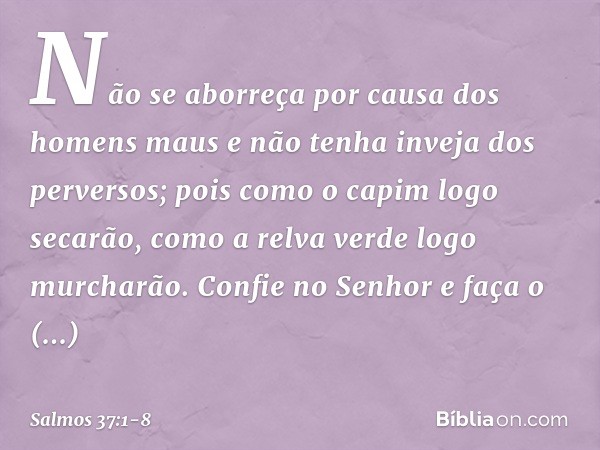 Não se aborreça por causa dos homens maus
e não tenha inveja dos perversos; pois como o capim logo secarão,
como a relva verde logo murcharão. Confie no Senhor