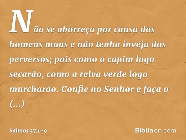 Não se aborreça por causa dos homens maus
e não tenha inveja dos perversos; pois como o capim logo secarão,
como a relva verde logo murcharão. Confie no Senhor