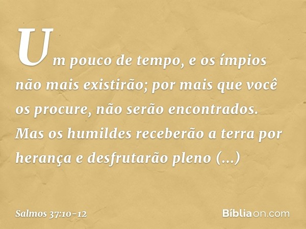 Um pouco de tempo,
e os ímpios não mais existirão;
por mais que você os procure, não serão encontrados. Mas os humildes receberão a terra por herança
e desfruta