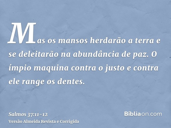Mas os mansos herdarão a terra e se deleitarão na abundância de paz.O ímpio maquina contra o justo e contra ele range os dentes.