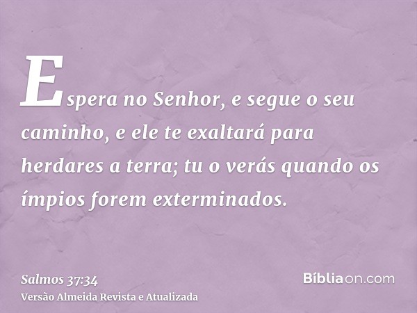 Espera no Senhor, e segue o seu caminho, e ele te exaltará para herdares a terra; tu o verás quando os ímpios forem exterminados.