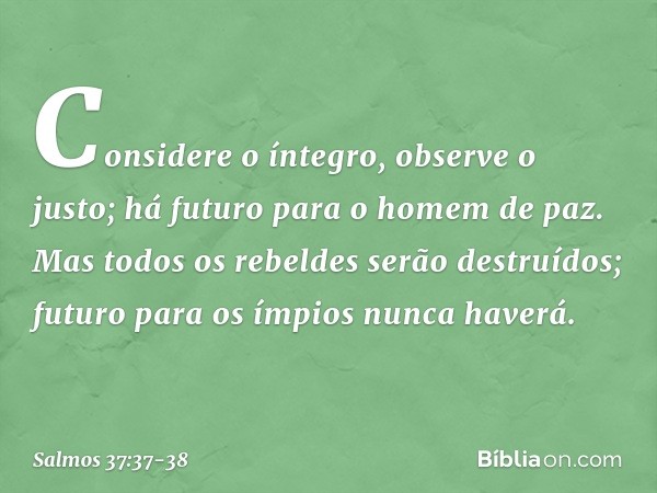 Considere o íntegro, observe o justo;
há futuro para o homem de paz. Mas todos os rebeldes serão destruídos;
futuro para os ímpios nunca haverá. -- Salmo 37:37-