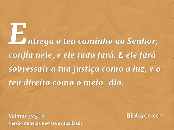 Entrega o teu caminho ao Senhor; confia nele, e ele tudo fará.E ele fará sobressair a tua justiça como a luz, e o teu direito como o meio-dia.