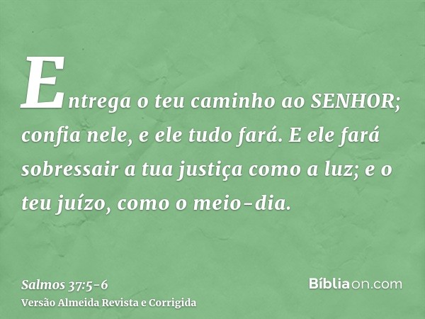 Entrega o teu caminho ao SENHOR; confia nele, e ele tudo fará.E ele fará sobressair a tua justiça como a luz; e o teu juízo, como o meio-dia.