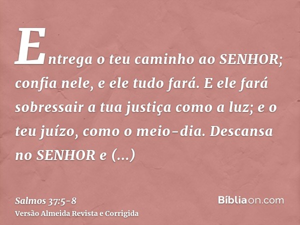 Entrega o teu caminho ao SENHOR; confia nele, e ele tudo fará.E ele fará sobressair a tua justiça como a luz; e o teu juízo, como o meio-dia.Descansa no SENHOR 