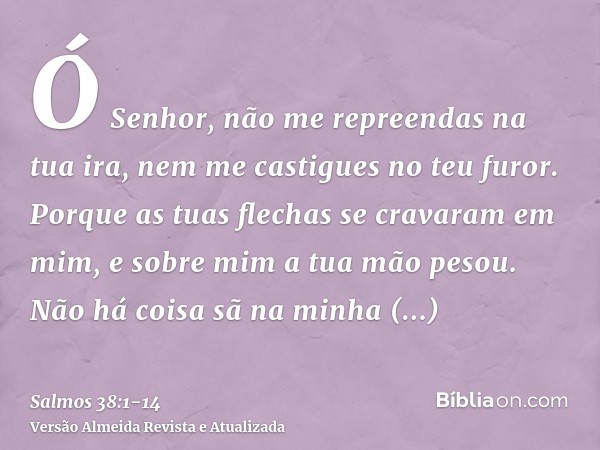 Ó Senhor, não me repreendas na tua ira, nem me castigues no teu furor.Porque as tuas flechas se cravaram em mim, e sobre mim a tua mão pesou.Não há coisa sã na 