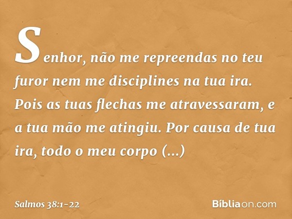 Senhor, não me repreendas no teu furor
nem me disciplines na tua ira. Pois as tuas flechas me atravessaram,
e a tua mão me atingiu. Por causa de tua ira,
todo o