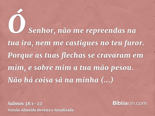 Ó Senhor, não me repreendas na tua ira, nem me castigues no teu furor.Porque as tuas flechas se cravaram em mim, e sobre mim a tua mão pesou.Não há coisa sã na 