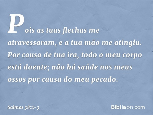 Pois as tuas flechas me atravessaram,
e a tua mão me atingiu. Por causa de tua ira,
todo o meu corpo está doente;
não há saúde nos meus ossos
por causa do meu p