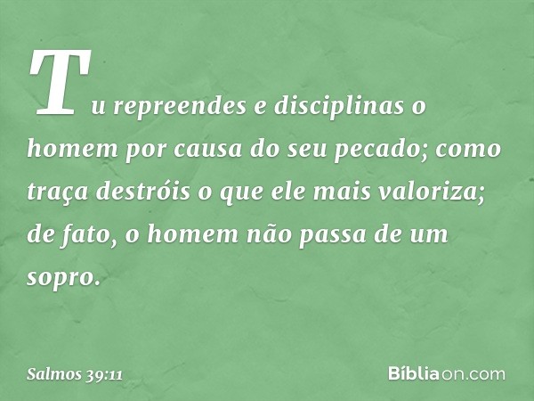 Tu repreendes e disciplinas o homem
por causa do seu pecado;
como traça destróis o que ele mais valoriza;
de fato, o homem não passa de um sopro. -- Salmo 39:11