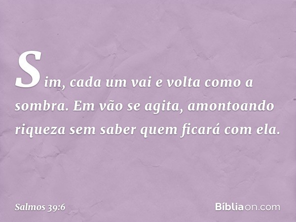 Sim, cada um vai e volta como a sombra.
Em vão se agita, amontoando riqueza
sem saber quem ficará com ela. -- Salmo 39:6