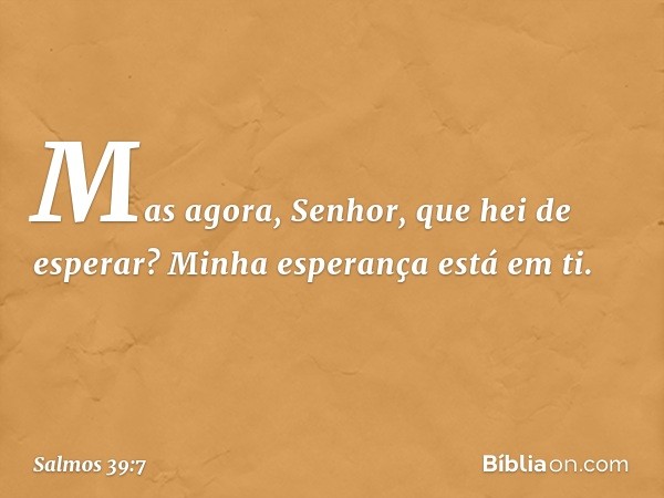 Mas agora, Senhor, que hei de esperar?
Minha esperança está em ti. -- Salmo 39:7