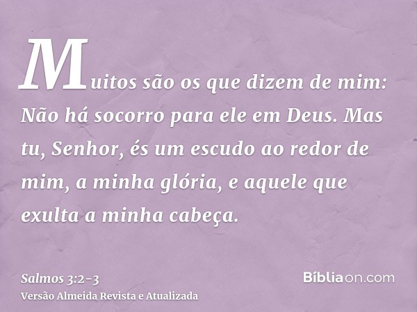 Muitos são os que dizem de mim: Não há socorro para ele em Deus.Mas tu, Senhor, és um escudo ao redor de mim, a minha glória, e aquele que exulta a minha cabeça