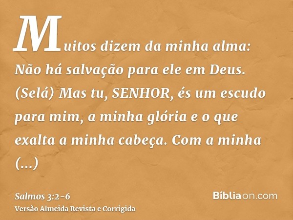 Muitos dizem da minha alma: Não há salvação para ele em Deus. (Selá)Mas tu, SENHOR, és um escudo para mim, a minha glória e o que exalta a minha cabeça.Com a mi