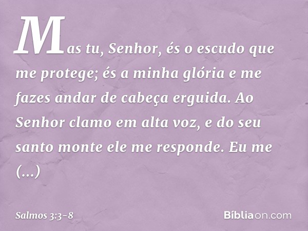 Mas tu, Senhor,
és o escudo que me protege;
és a minha glória
e me fazes andar de cabeça erguida. Ao Senhor clamo em alta voz,
e do seu santo monte ele me respo