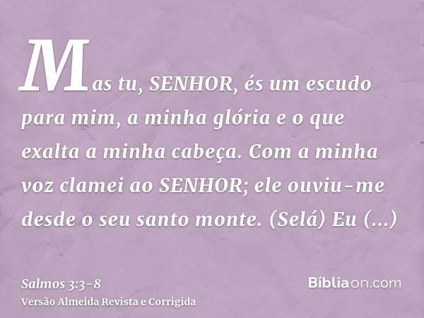 Mas tu, SENHOR, és um escudo para mim, a minha glória e o que exalta a minha cabeça.Com a minha voz clamei ao SENHOR; ele ouviu-me desde o seu santo monte. (Sel