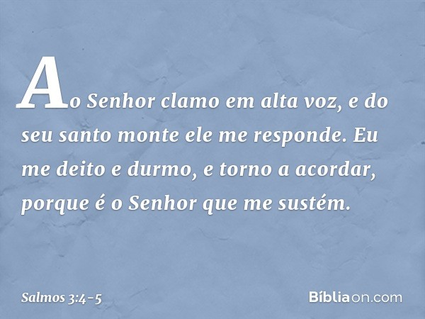 Ao Senhor clamo em alta voz,
e do seu santo monte ele me responde. Eu me deito e durmo, e torno a acordar,
porque é o Senhor que me sustém. -- Salmo 3:4-5