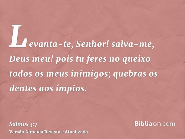 Levanta-te, Senhor! salva-me, Deus meu! pois tu feres no queixo todos os meus inimigos; quebras os dentes aos ímpios.