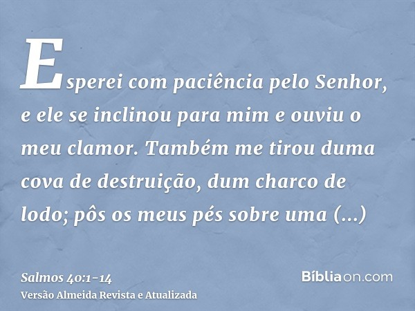 Esperei com paciência pelo Senhor, e ele se inclinou para mim e ouviu o meu clamor.Também me tirou duma cova de destruição, dum charco de lodo; pôs os meus pés 