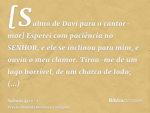 [Salmo de Davi para o cantor-mor] Esperei com paciência no SENHOR, e ele se inclinou para mim, e ouviu o meu clamor.Tirou-me de um lago horrível, de um charco d