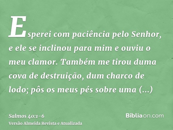 Esperei com paciência pelo Senhor, e ele se inclinou para mim e ouviu o meu clamor.Também me tirou duma cova de destruição, dum charco de lodo; pôs os meus pés 