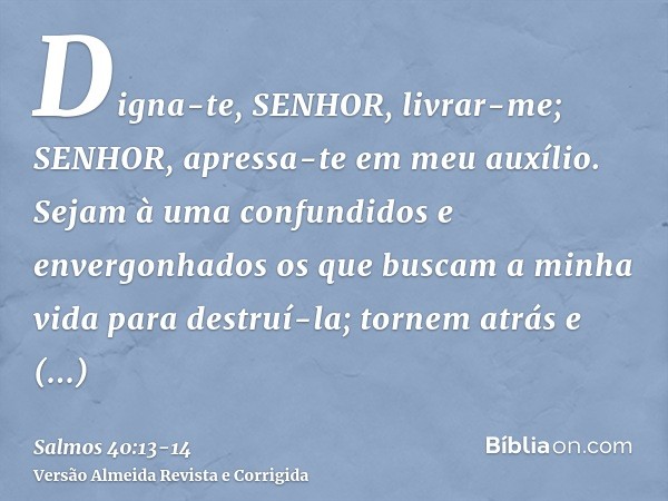 Digna-te, SENHOR, livrar-me; SENHOR, apressa-te em meu auxílio.Sejam à uma confundidos e envergonhados os que buscam a minha vida para destruí-la; tornem atrás 