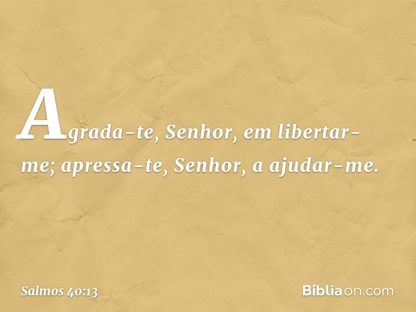 Agrada-te, Senhor, em libertar-me;
apressa-te, Senhor, a ajudar-me. -- Salmo 40:13