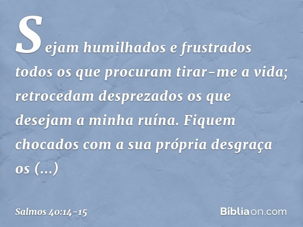 Sejam humilhados e frustrados
todos os que procuram tirar-me a vida;
retrocedam desprezados
os que desejam a minha ruína. Fiquem chocados com a sua própria desg