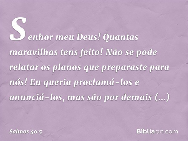 Senhor meu Deus!
Quantas maravilhas tens feito!
Não se pode relatar
os planos que preparaste para nós!
Eu queria proclamá-los e anunciá-los,
mas são por demais 